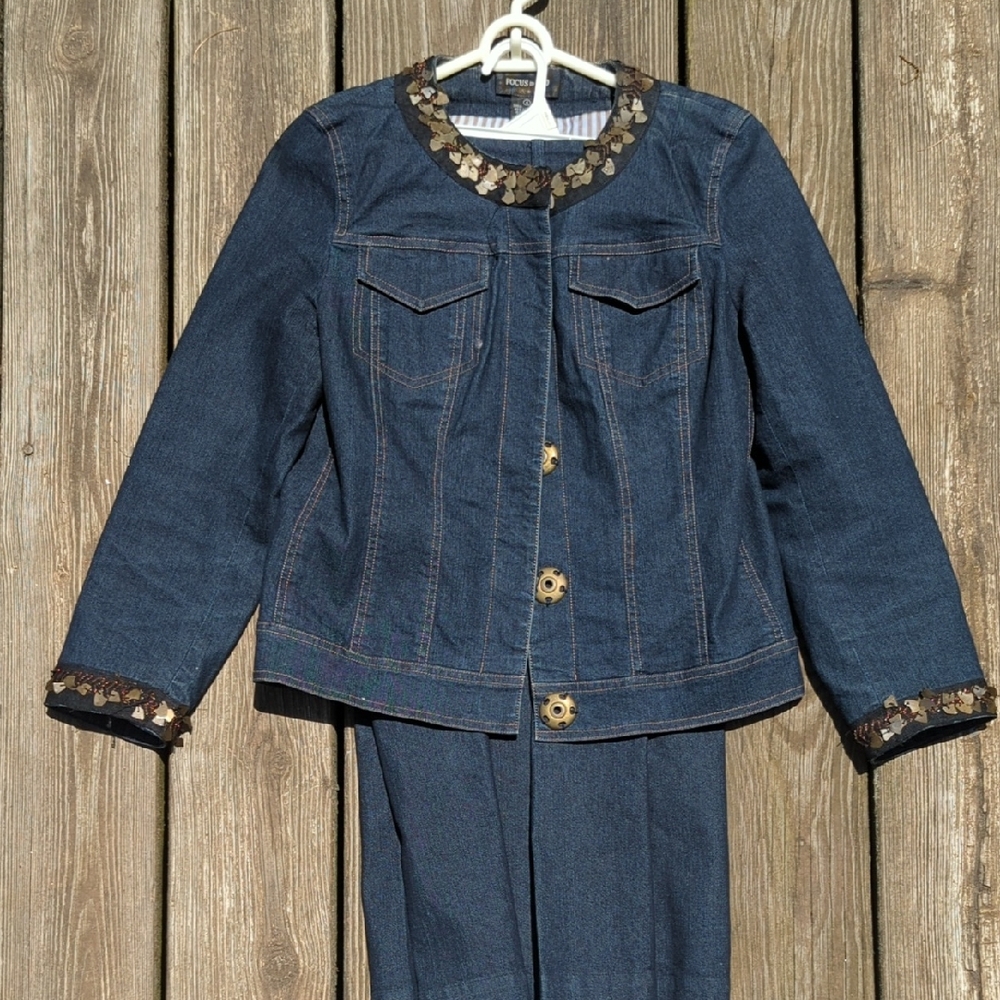 Blue and Gold Jean Jacket with Wide Leg  Pants